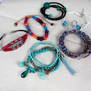 Lot of 6 Southwestern Bracelets Seed Bead Cuffs Turquoise Black Red Boho Stack
